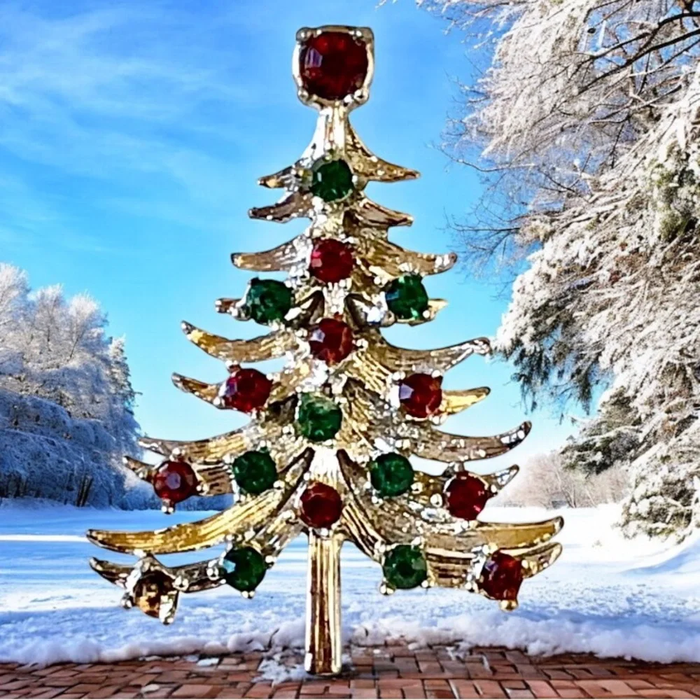 MYLU Vintage Christmas Tree Pin Brooch SilverTone Red & Green Rhinestones